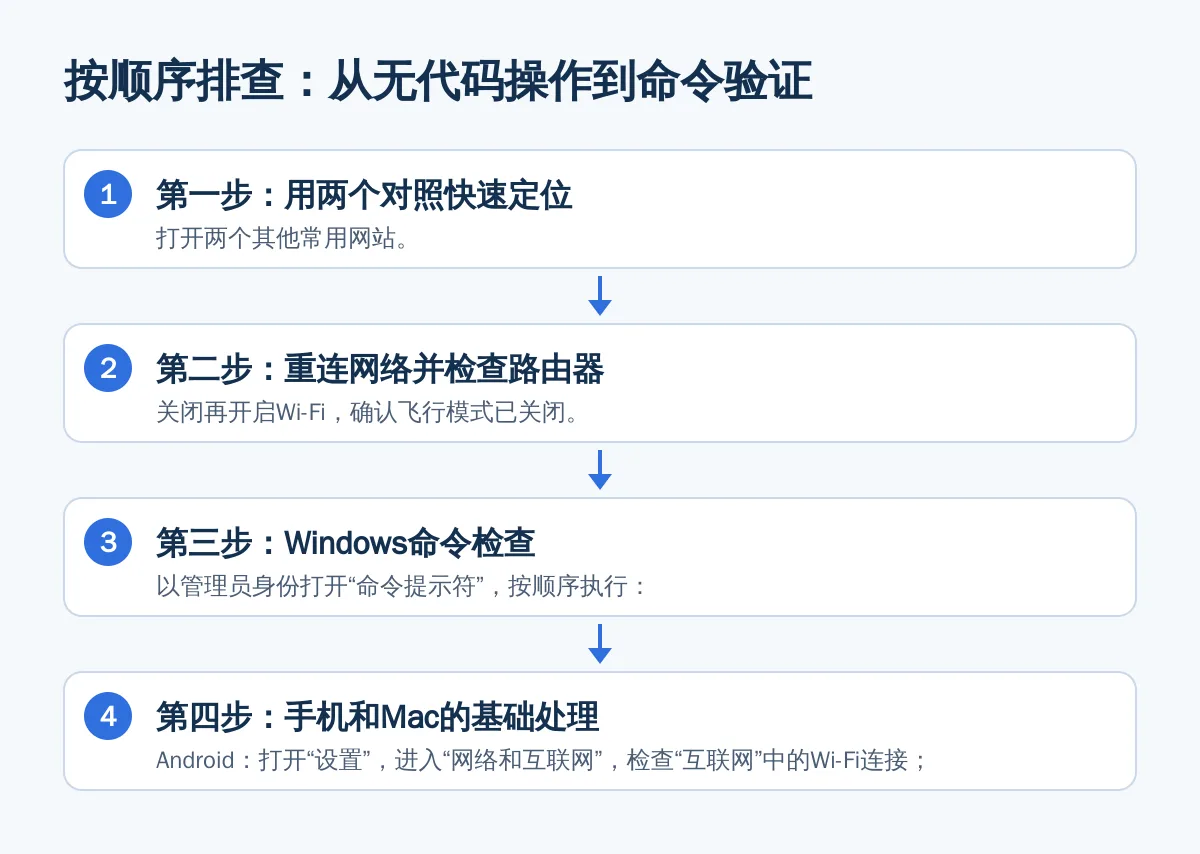 按顺序排查:从无代码操作到命令验证
